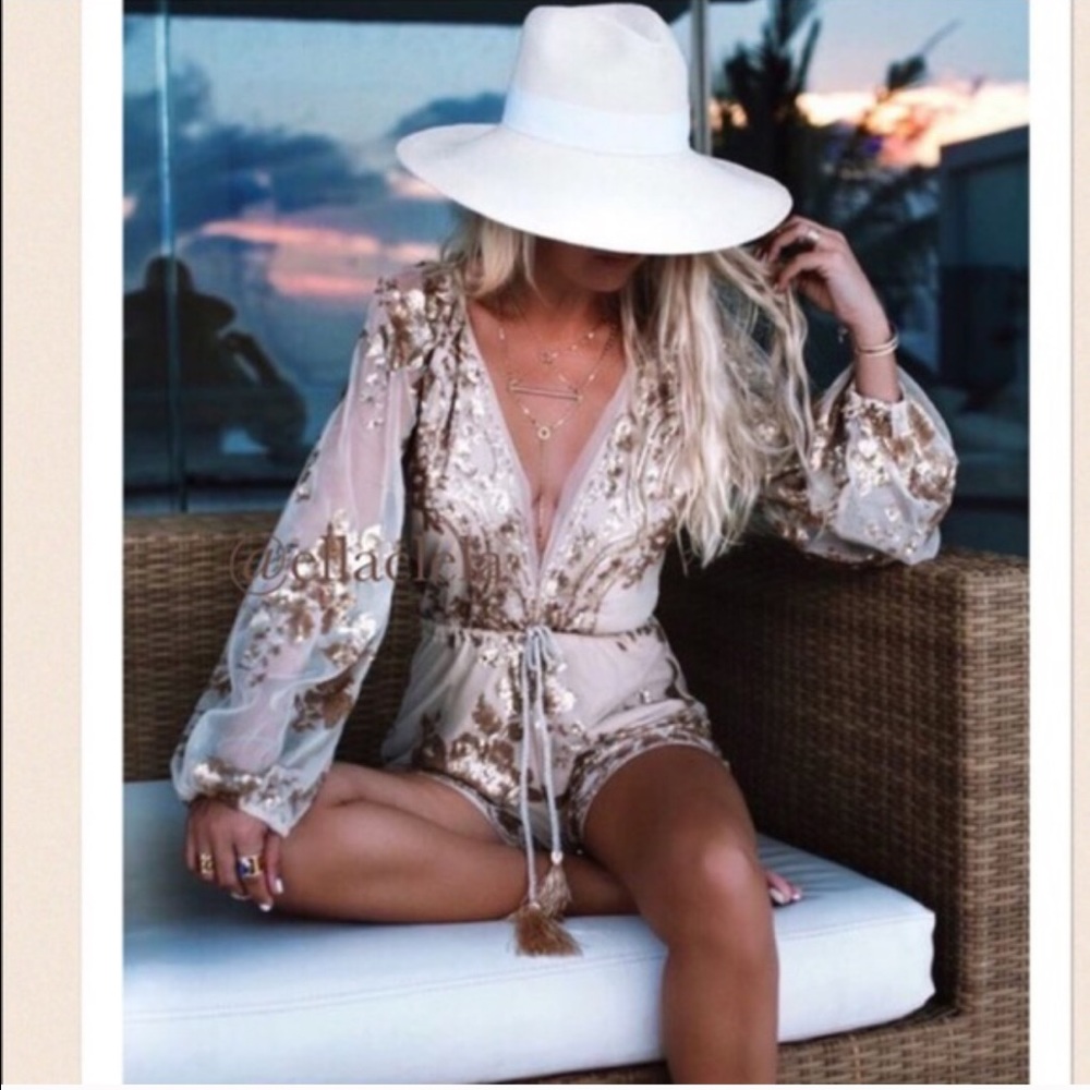 Rose Gold Sequin Sheer Romper Party Outfit